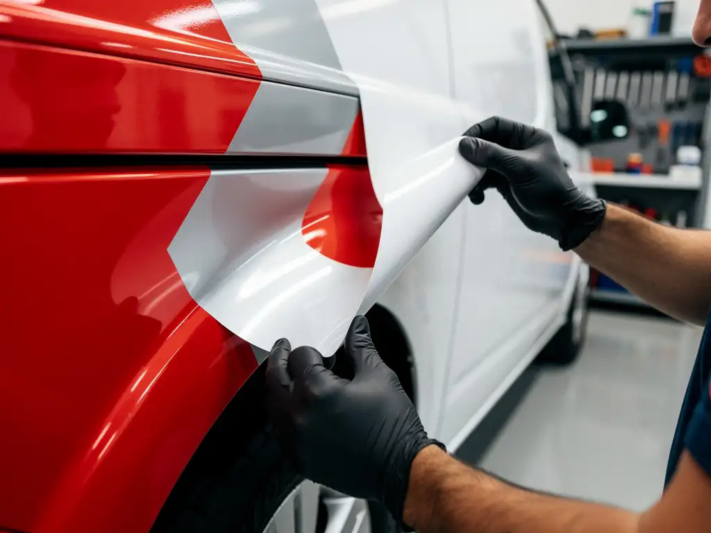 Technicus verwijdert rode bedrijfsfoliewrap van witte bestelwagen in moderne werkplaats, waarbij originele lak zichtbaar wordt.