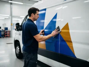 Technicus brengt kleurrijke vinylwrap met geometrisch cobaltblauw en amber design aan op witte bestelwagen in verlichte werkplaats.