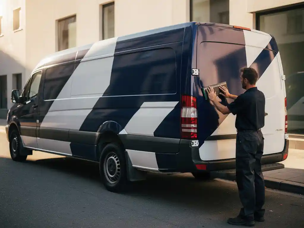 Technicus strijkt full-body voertuigwrap glad op bestelwagen met trekker, zonnige straat op de achtergrond.