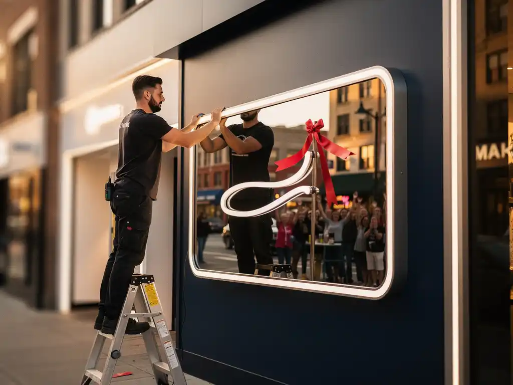 Technicus installeert verlicht winkelbord op gevel bij grand opening, lint en menigte weerspiegeld in glanzend uithangbord, warm ochtendlicht.