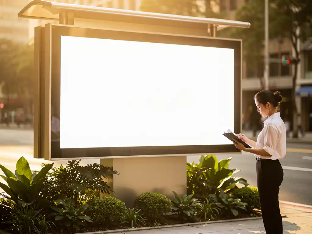 Zonnepaneel-aangedreven LED-billboard op een zonnige stadsstraat, professional bekijkt documenten, groene planten aan de basis.